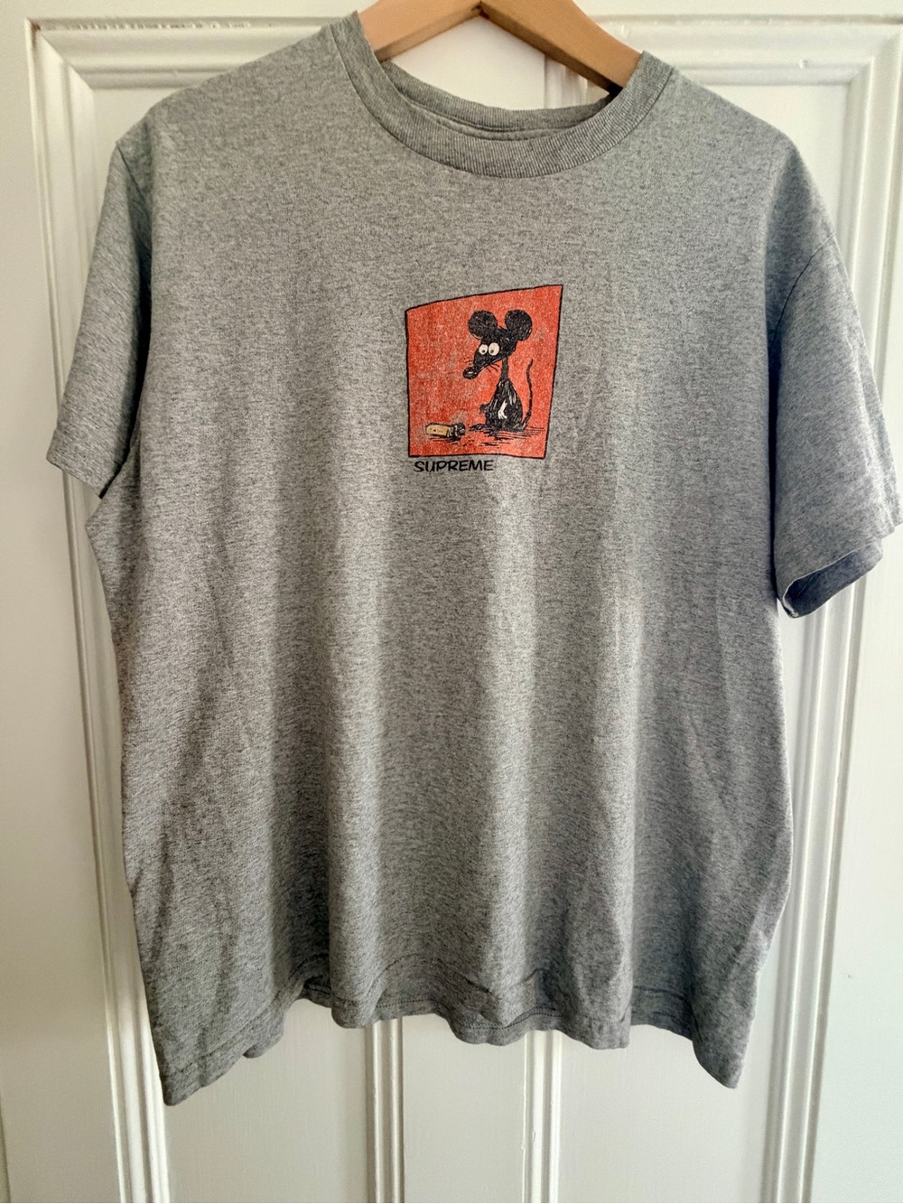 Supreme Grey Tee with Red-Orange Mouse Graphic
